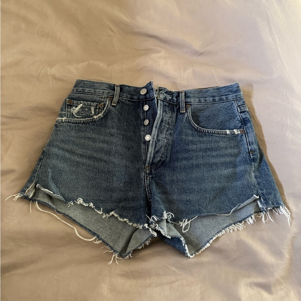 Agolde Blue Frayed Hem Jean Shorts